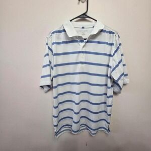 Nicklaus Golf Mens Large White Blue Striped Short Sleeve Polo Shirt Polyester